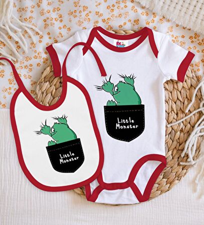 BK Kids Little Monster Tasarımlı Kırmızı Bebek Body Zıbın ve Mama Önlüğü Hediye Seti-1