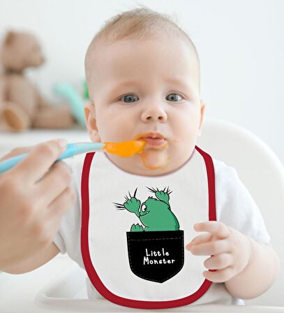 BK Kids Little Monster Tasarımlı Kırmızı Bebek Body Zıbın ve Mama Önlüğü Hediye Seti-1