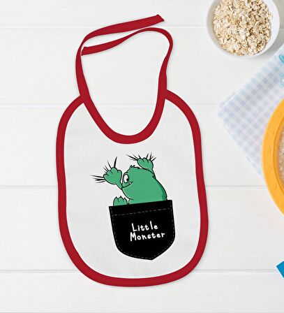 BK Kids Little Monster Tasarımlı Kırmızı Bebek Body Zıbın ve Mama Önlüğü Hediye Seti-1