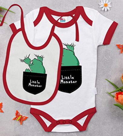 BK Kids Little Monster Tasarımlı Kırmızı Bebek Body Zıbın ve Mama Önlüğü Hediye Seti-1