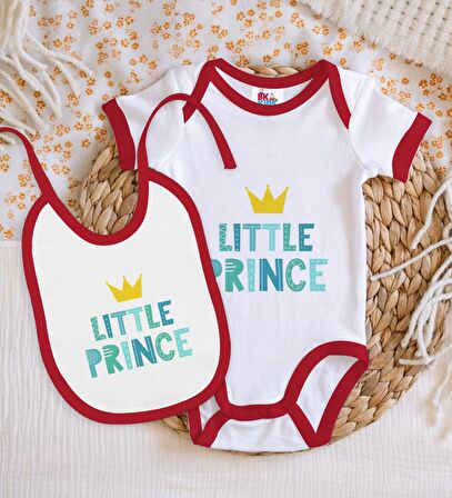 BK Kids Little Prince Tasarımlı Kırmızı Bebek Body Zıbın ve Mama Önlüğü Hediye Seti-1