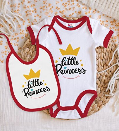 BK Kids Little Princess Tasarımlı Kırmızı Bebek Body Zıbın ve Mama Önlüğü Hediye Seti-1