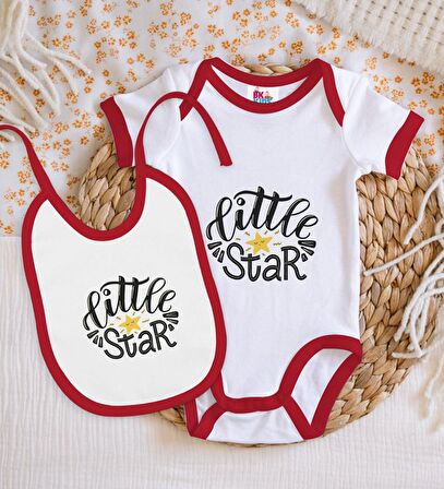 BK Kids Little Star Tasarımlı Kırmızı Bebek Body Zıbın ve Mama Önlüğü Hediye Seti-1