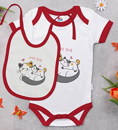 BK Kids Love You Tasarımlı Kırmızı Bebek Body Zıbın ve Mama Önlüğü Hediye Seti-1