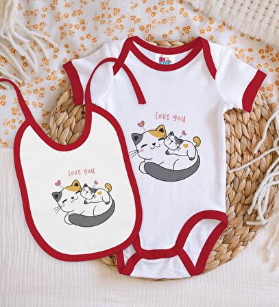 BK Kids Love You Tasarımlı Kırmızı Bebek Body Zıbın ve Mama Önlüğü Hediye Seti-1