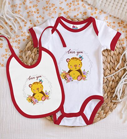 BK Kids Love You Tasarımlı Kırmızı Bebek Body Zıbın ve Mama Önlüğü Hediye Seti-2