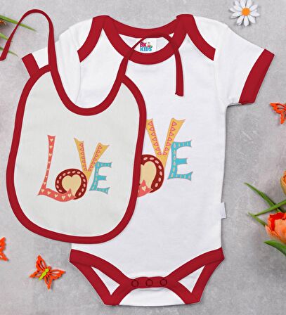 BK Kids Love Tasarımlı Kırmızı Bebek Body Zıbın ve Mama Önlüğü Hediye Seti-1