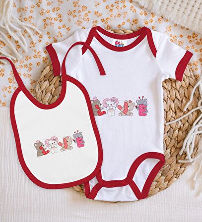 BK Kids Love Tasarımlı Kırmızı Bebek Body Zıbın ve Mama Önlüğü Hediye Seti-2