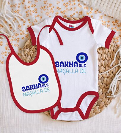BK Kids Maşalla De Tasarımlı Kırmızı Bebek Body Zıbın ve Mama Önlüğü Hediye Seti-1