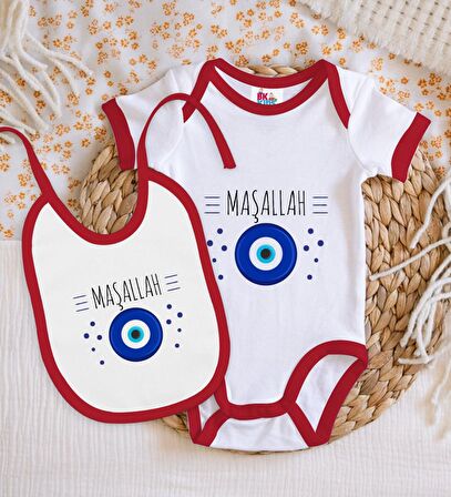 BK Kids Maşallah Tasarımlı Kırmızı Bebek Body Zıbın ve Mama Önlüğü Hediye Seti-1