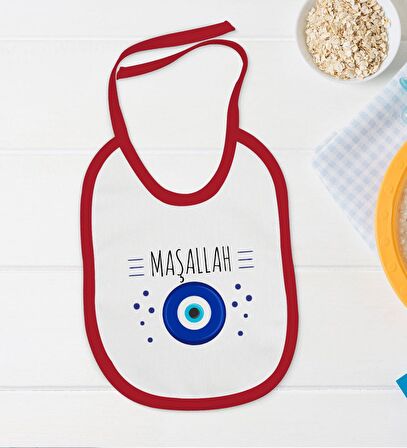 BK Kids Maşallah Tasarımlı Kırmızı Bebek Body Zıbın ve Mama Önlüğü Hediye Seti-1