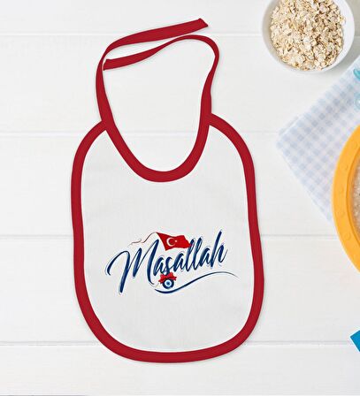 BK Kids Maşallah Tasarımlı Kırmızı Bebek Body Zıbın ve Mama Önlüğü Hediye Seti-3