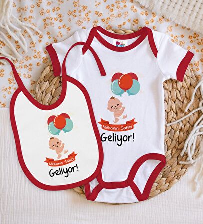 BK Kids Mekanın Sahibi Geliyor Tasarımlı Kırmızı Bebek Body Zıbın ve Mama Önlüğü Hediye Seti-1