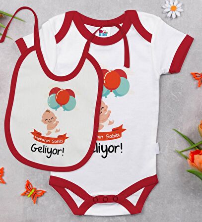 BK Kids Mekanın Sahibi Geliyor Tasarımlı Kırmızı Bebek Body Zıbın ve Mama Önlüğü Hediye Seti-1
