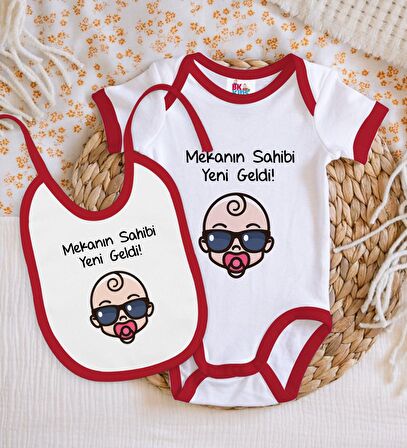 BK Kids Mekanın Sahibi Yeni Geldi Tasarımlı Kırmızı Bebek Body Zıbın ve Mama Önlüğü Hediye Seti-1