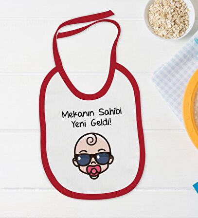 BK Kids Mekanın Sahibi Yeni Geldi Tasarımlı Kırmızı Bebek Body Zıbın ve Mama Önlüğü Hediye Seti-1