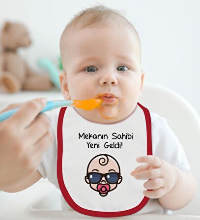 BK Kids Mekanın Sahibi Yeni Geldi Tasarımlı Kırmızı Bebek Body Zıbın ve Mama Önlüğü Hediye Seti-1