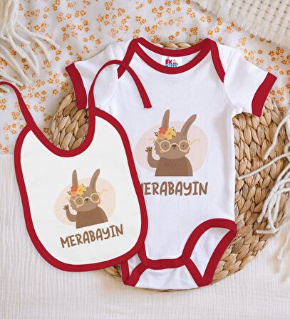 BK Kids Merabayın Tasarımlı Kırmızı Bebek Body Zıbın ve Mama Önlüğü Hediye Seti-1