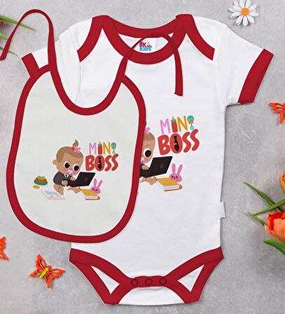 BK Kids Mini Boss Tasarımlı Kırmızı Bebek Body Zıbın ve Mama Önlüğü Hediye Seti-1