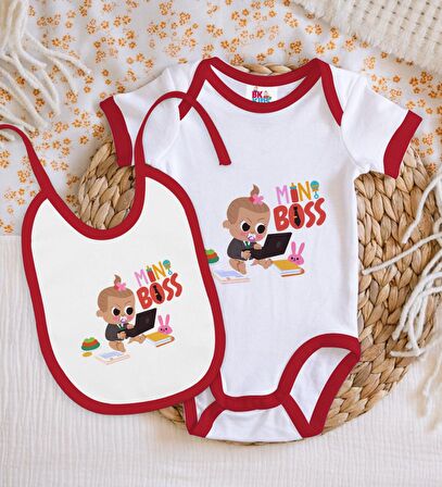 BK Kids Mini Boss Tasarımlı Kırmızı Bebek Body Zıbın ve Mama Önlüğü Hediye Seti-1