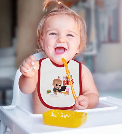 BK Kids Mini Boss Tasarımlı Kırmızı Bebek Body Zıbın ve Mama Önlüğü Hediye Seti-1