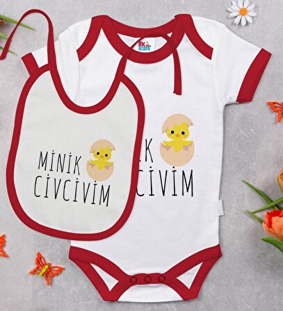 BK Kids Minik Civcivim Tasarımlı Kırmızı Bebek Body Zıbın ve Mama Önlüğü Hediye Seti-1