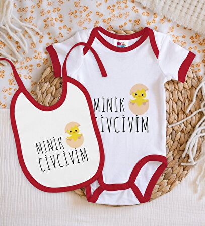 BK Kids Minik Civcivim Tasarımlı Kırmızı Bebek Body Zıbın ve Mama Önlüğü Hediye Seti-1