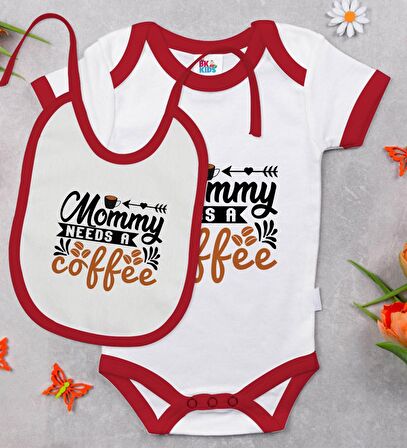 BK Kids Mommy Needs a Coffe Tasarımlı Kırmızı Bebek Body Zıbın ve Mama Önlüğü Hediye Seti-1