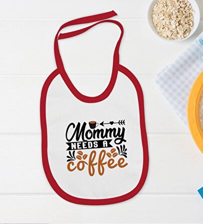 BK Kids Mommy Needs a Coffe Tasarımlı Kırmızı Bebek Body Zıbın ve Mama Önlüğü Hediye Seti-1