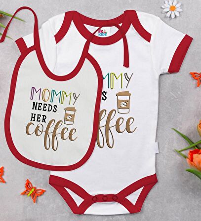 BK Kids Mommy Needs Her Coffe Tasarımlı Kırmızı Bebek Body Zıbın ve Mama Önlüğü Hediye Seti-1