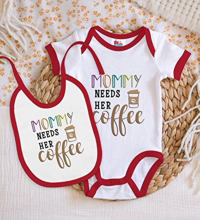 BK Kids Mommy Needs Her Coffe Tasarımlı Kırmızı Bebek Body Zıbın ve Mama Önlüğü Hediye Seti-1