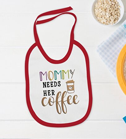 BK Kids Mommy Needs Her Coffe Tasarımlı Kırmızı Bebek Body Zıbın ve Mama Önlüğü Hediye Seti-1