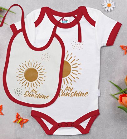 BK Kids My Sunshine Tasarımlı Kırmızı Bebek Body Zıbın ve Mama Önlüğü Hediye Seti-1