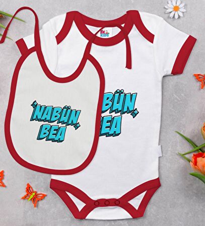 BK Kids Nabüün Bea Tasarımlı Kırmızı Bebek Body Zıbın ve Mama Önlüğü Hediye Seti-1