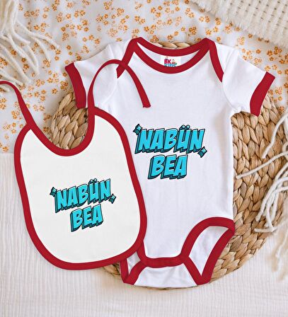 BK Kids Nabüün Bea Tasarımlı Kırmızı Bebek Body Zıbın ve Mama Önlüğü Hediye Seti-1