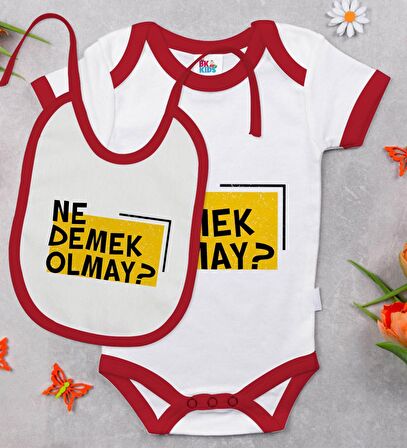 BK Kids Ne Demek Olmay Tasarımlı Kırmızı Bebek Body Zıbın ve Mama Önlüğü Hediye Seti-1