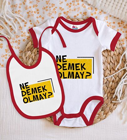 BK Kids Ne Demek Olmay Tasarımlı Kırmızı Bebek Body Zıbın ve Mama Önlüğü Hediye Seti-1