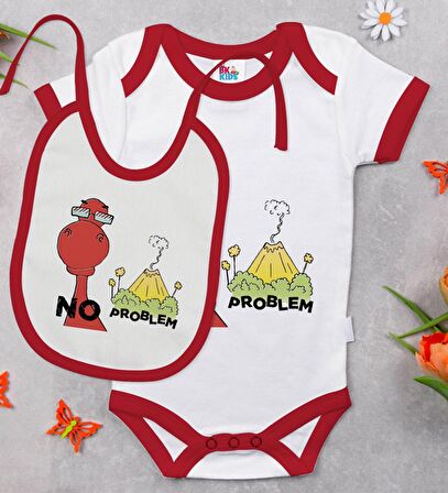 BK Kids No Problem Tasarımlı Kırmızı Bebek Body Zıbın ve Mama Önlüğü Hediye Seti-1