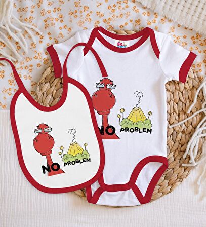 BK Kids No Problem Tasarımlı Kırmızı Bebek Body Zıbın ve Mama Önlüğü Hediye Seti-1