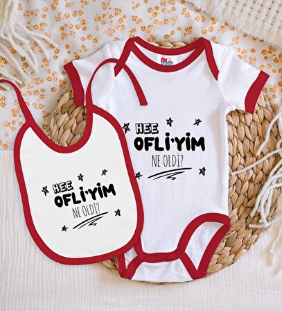 BK Kids Ofliyim Ne Oldi Tasarımlı Kırmızı Bebek Body Zıbın ve Mama Önlüğü Hediye Seti-1