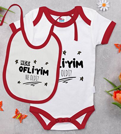 BK Kids Ofliyim Ne Oldi Tasarımlı Kırmızı Bebek Body Zıbın ve Mama Önlüğü Hediye Seti-1