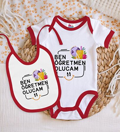 BK Kids Öğretmen Olucam Tasarımlı Kırmızı Bebek Body Zıbın ve Mama Önlüğü Hediye Seti-1