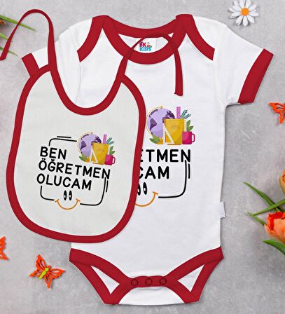 BK Kids Öğretmen Olucam Tasarımlı Kırmızı Bebek Body Zıbın ve Mama Önlüğü Hediye Seti-1