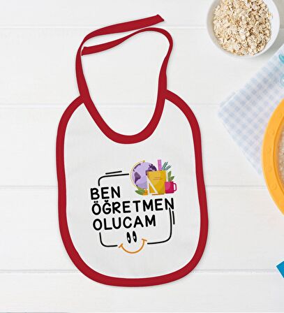 BK Kids Öğretmen Olucam Tasarımlı Kırmızı Bebek Body Zıbın ve Mama Önlüğü Hediye Seti-1