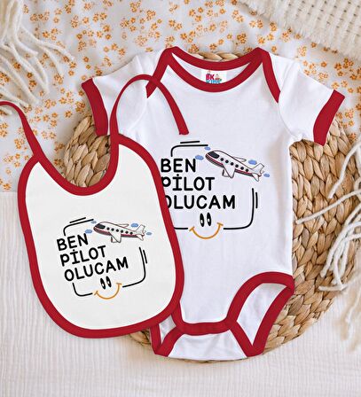 BK Kids Pilot Olucam Tasarımlı Kırmızı Bebek Body Zıbın ve Mama Önlüğü Hediye Seti-1