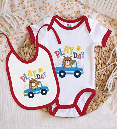 BK Kids Play Day Tasarımlı Kırmızı Bebek Body Zıbın ve Mama Önlüğü Hediye Seti-1