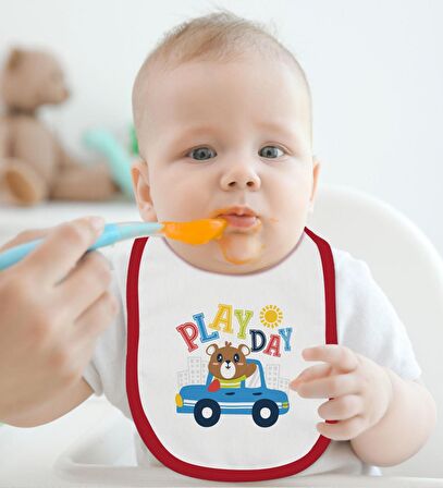 BK Kids Play Day Tasarımlı Kırmızı Bebek Body Zıbın ve Mama Önlüğü Hediye Seti-1