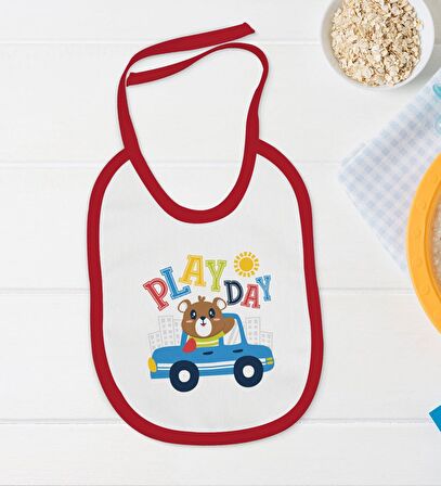 BK Kids Play Day Tasarımlı Kırmızı Bebek Body Zıbın ve Mama Önlüğü Hediye Seti-1