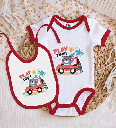 BK Kids Play Time Tasarımlı Kırmızı Bebek Body Zıbın ve Mama Önlüğü Hediye Seti-1