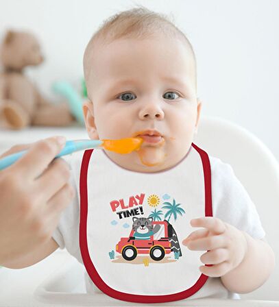 BK Kids Play Time Tasarımlı Kırmızı Bebek Body Zıbın ve Mama Önlüğü Hediye Seti-1